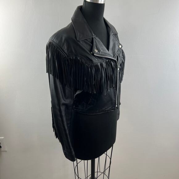 VINTAGE Fidelity Black Cropped Moto Jacket Leather Fringed Notch Lapel Zip 12 - Picture 6 of 11